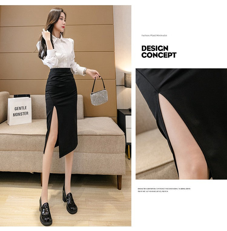 Irregular Slit Mid Length Long Length Spring Pleated Skirt