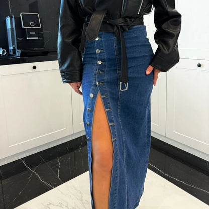 Women Denim Skirt Jeans Button Straight Skirts High Waist Split Cotton Y2k Slim Elegant Vintage Strech Streetwear Spring Summer