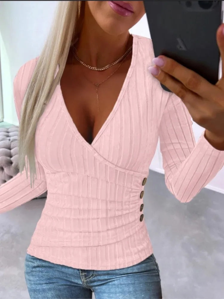 Sexy V Neck Long Sleeve Shirt Blouse Office Lady Fashion Elegant Solid Knited Shirt For Women 2023 Spring Autumn Female Tops