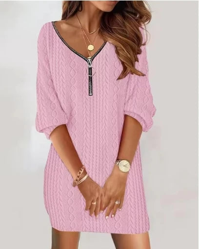 Sexy Zipper Mini Dress Women Winter Autumn V Neck Long Sleeve Dresses Solid Color Casual Basic Robe