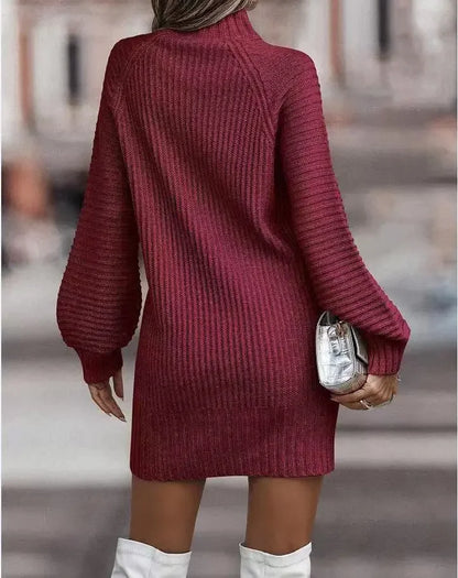 High Collar Long Sleeve Knitted Sweater Dress, Casual Dresses, Monochromatic, New Fashion, Autumn and Winter