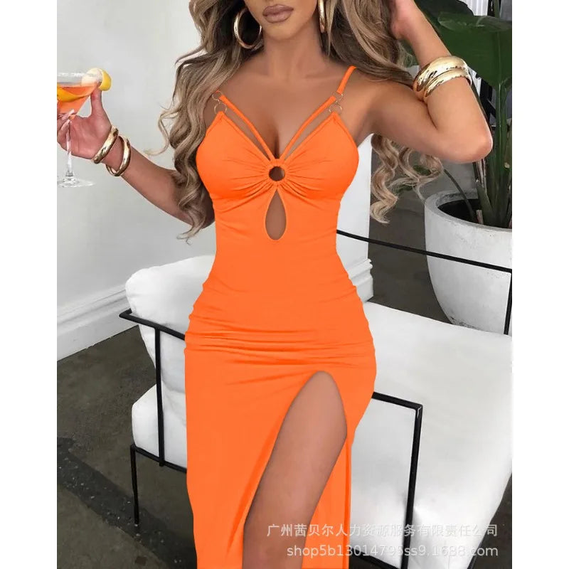 Summer Sexy Dress Women Sleeveless Spaghetti Strap Bodycon Dress Jacquard Fabric Sling Hollow Party Dresses