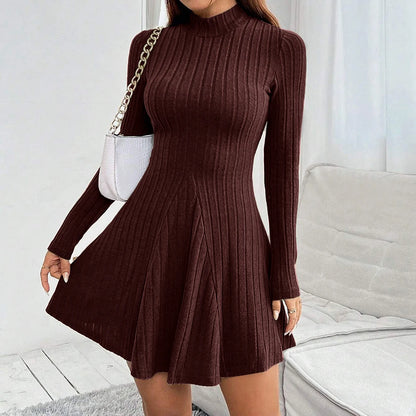 Women's Dresses Fall Winter Simple Solid Color Long Sleeve Mock Neck A Line High Waisted Flare Hem Casual Short Dresses