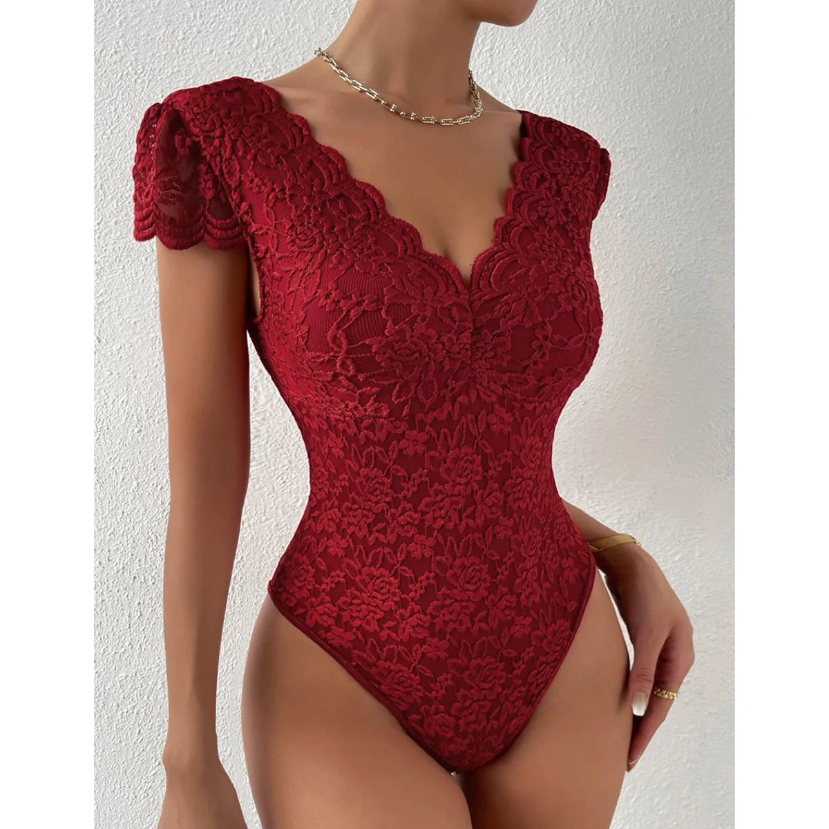 Sexy Bodysuit Women White Bodycon Long Sleeve V Neck Lace Bodysuits Overalls Tops Female Body Suit