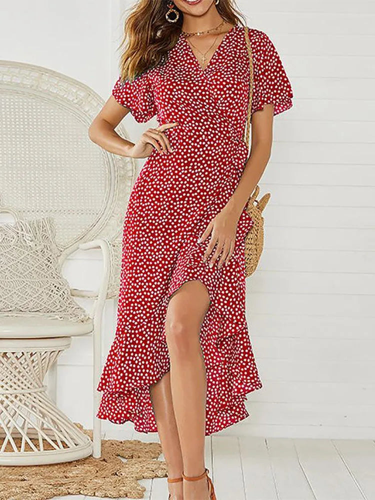 Summer Beach Maxi Dress Women Floral Print Boho Long Chiffon Dress Ruffles Wrap Casual V-Neck Split Sexy Party Dress Robe