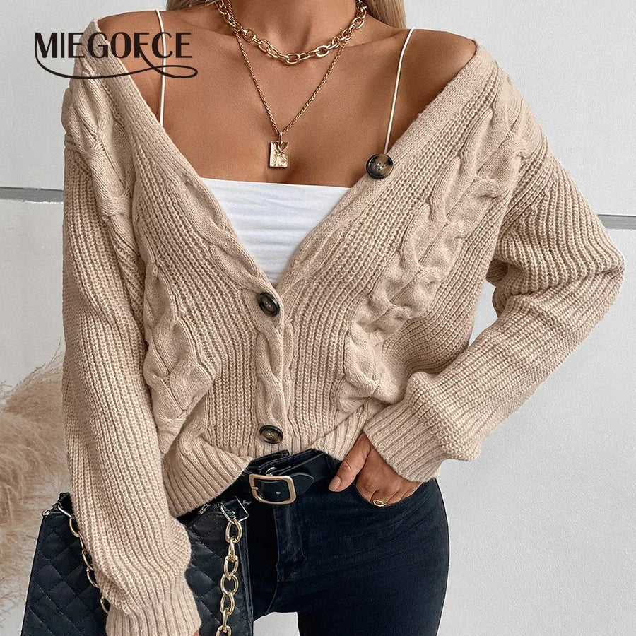 Women Solid Color Cardigan Twist Retro Jacket Single-Breasted V-Neck Knitted Sweater Casual Button Long-Sleeved