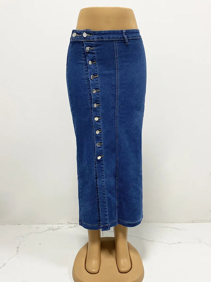 Women Denim Skirt Jeans Button Straight Skirts High Waist Split Cotton Y2k Slim Elegant Vintage Strech Streetwear Spring Summer