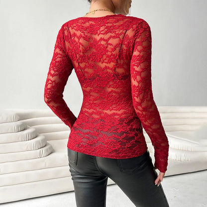 Sexy Lace Women Tops 2025 Korean Fashion Slim Long Sleeve T-shirt Tee Back Pullovers Hot Girls Y2K Crop Streetwear Female Clothi