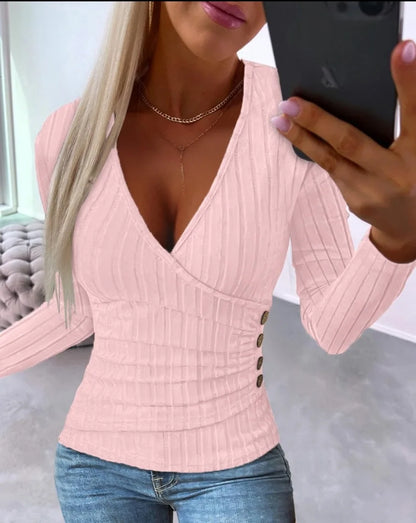 Sexy V Neck Long Sleeve Shirt Blouse Office Lady Fashion Elegant Solid Knited Shirt For Women 2023 Spring Autumn Female Tops