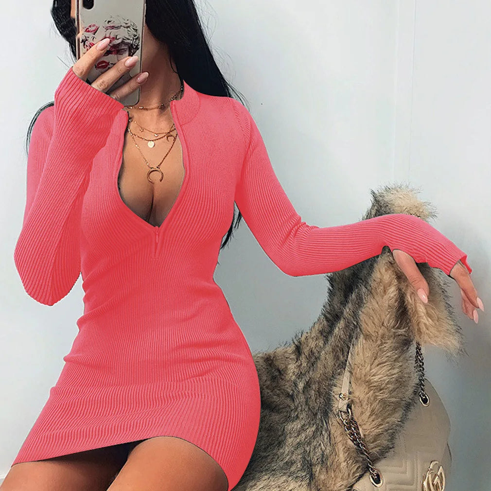 Women Half Zip Up Bodycon Party Dress Spring Autumn Long Sleeve Slim Rib Knitted Mini Dresses