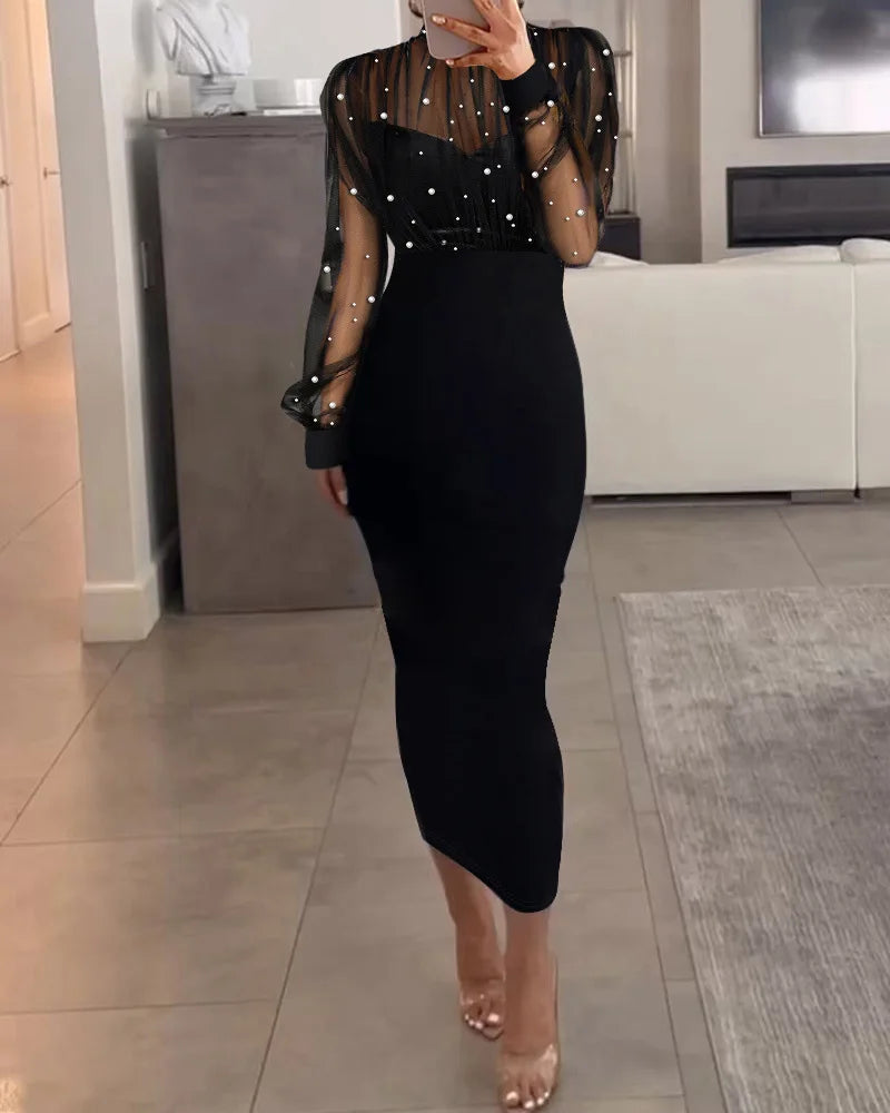 Women Mesh Pearl Splice Long Dress Full Sleeve Slim Fit Wrap Hip Dresses Sheath Evening Vestidos Sexy Elegant High Waist