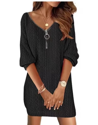 Sexy Zipper Mini Dress Women Winter Autumn V Neck Long Sleeve Dresses Solid Color Casual Basic Robe