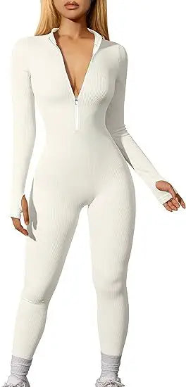 Hot Selling Women's Yoga Jumpsuit Exercise Ribbed Long Sleeved Front Zipper Sports Jumpsuit