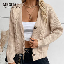 Women Solid Color Cardigan Twist Retro Jacket Single-Breasted V-Neck Knitted Sweater Casual Button Long-Sleeved