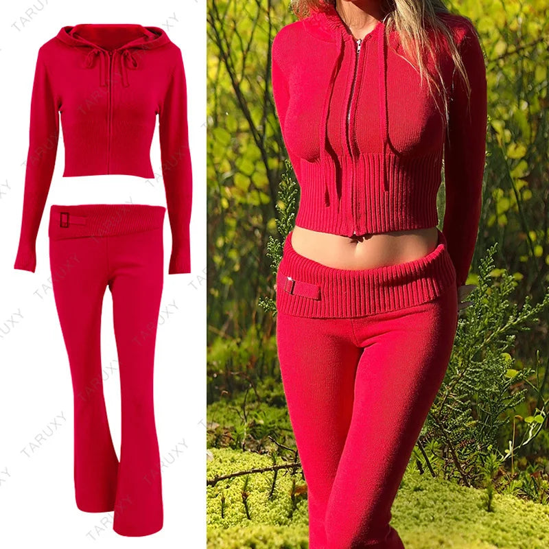 Autumn New Knitted Hoodie Set Women's Fashion Brand Solid Color Sexy High Waist Long Sleeve Pants Two Piece Set