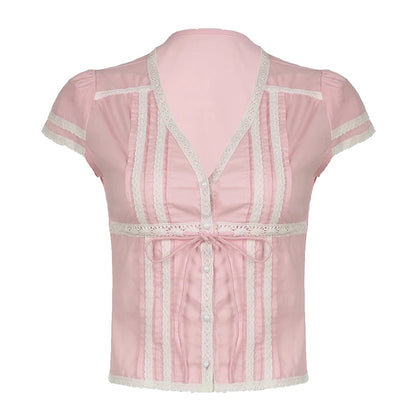 Pink Sweet Lace Spliced Summer T shirts Women Tie-Up Buttons Coquette Clothes Cropped Top Slim Korean Shirts Outfits