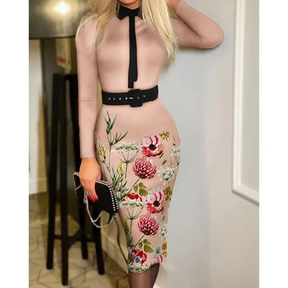 Office Lady Vintage Print Long Sleeve Belt Slim Bodycon Dress Women Summer New Elegant Fashion Commute Dresses