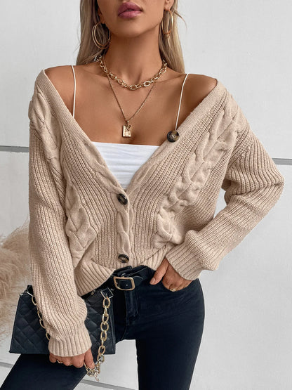 Women Solid Color Cardigan Twist Retro Jacket Single-Breasted V-Neck Knitted Sweater Casual Button Long-Sleeved