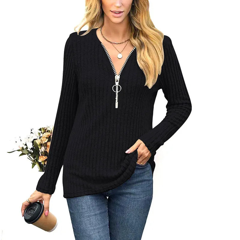 Autumn and Winter Woman Clothing V-neck Pullover Long Sleeved Tops Chest Zipper Top for Women Slim Blouse Casual Comfort T-shirt