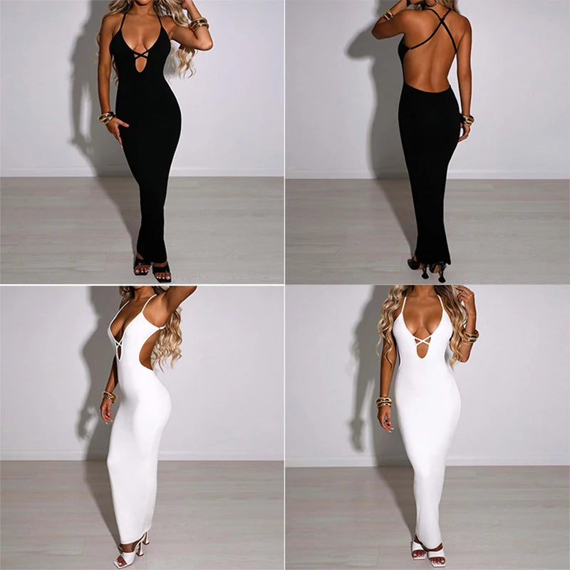 Summer Fashion Sexy Hollow Party Women Maxi Dresses Deep V Low-cut Cross Bandage Sleeveless Slim Chic Long Dress Clubwear Robe