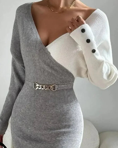 Sweater Dresses High Waist Button Decor Trend Sheath Sexy Dress Women Long Sleeve V-neck Mid-Length Long Sleeve Knit Midi Dress