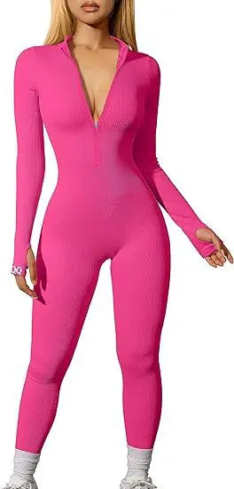 Hot Selling Women's Yoga Jumpsuit Exercise Ribbed Long Sleeved Front Zipper Sports Jumpsuit