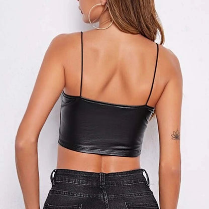 Glitter Strappy Tank Top Women Pu Leather Gothic Top Summer Sleeveless Sexy Camisole Ladies Black Vest Bodycon Crop Tops YJ