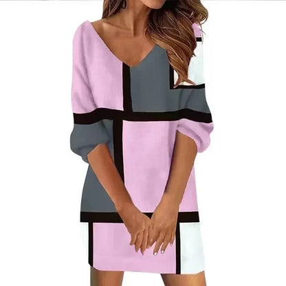 Midi Dress Patchwork Loose Mini Straight Casual Y2K V-neck Dress Women Long Sleeve Summer Geometric Print Dress Vestidos