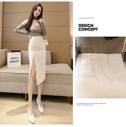 Irregular Slit Mid Length Long Length Spring Pleated Skirt