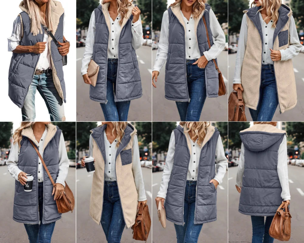 Winter Women's Vest Fleece Hooded Reversible Sleeveless Women's Jacket Faux Wool Vest Fashion Street Women's Clothing S-5XL