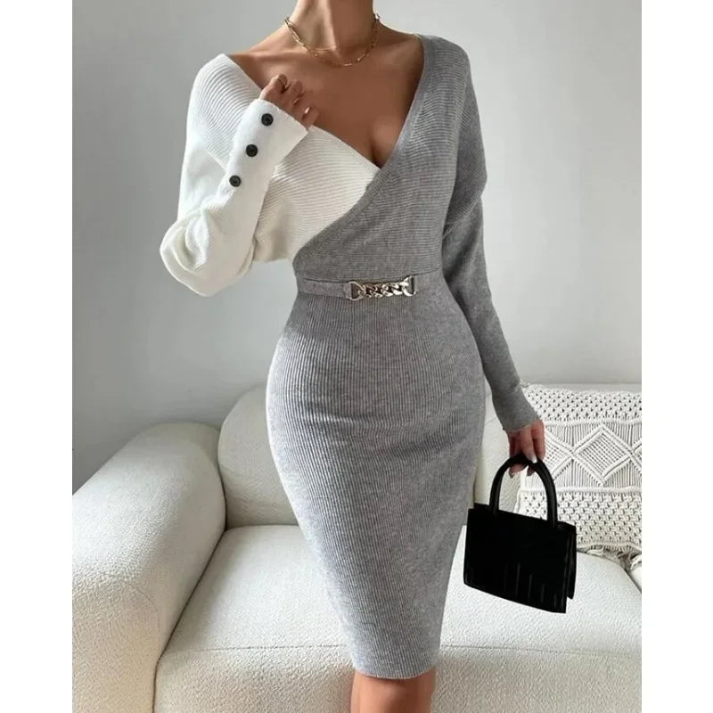 Sweater Dresses High Waist Button Decor Trend Sheath Sexy Dress Women Long Sleeve V-neck Mid-Length Long Sleeve Knit Midi Dress