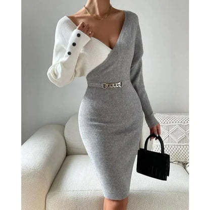 Sweater Dresses High Waist Button Decor Trend Sheath Sexy Dress Women Long Sleeve V-neck Mid-Length Long Sleeve Knit Midi Dress