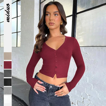 Hot Selling European and American Women's Threaded Button Cardigan Shoulder T-shirt New Female Style Crop Top with Exposed