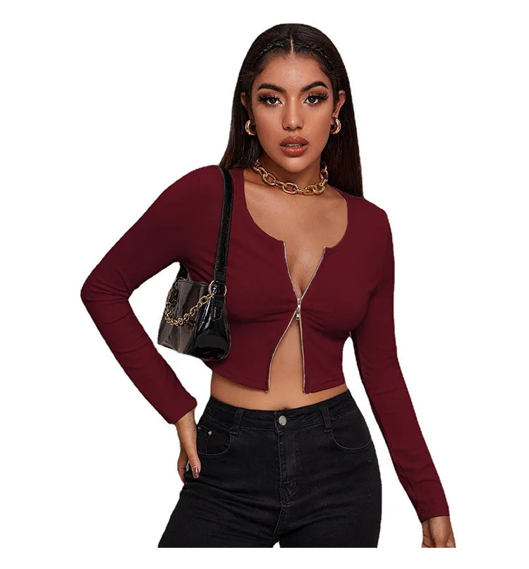 Sexy with Zipper Bare Midriff Slim T Shirt Women Long Sleeves Bottoming Shirt Ladies Tee Shirt Tops Camisetas Mujer