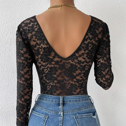 Women Floral Lace Scallop Trim Teddy Bodysuit Long Sleeve V Neck Slimming Body Shaper Sexy Night Club Party Leotards Tops