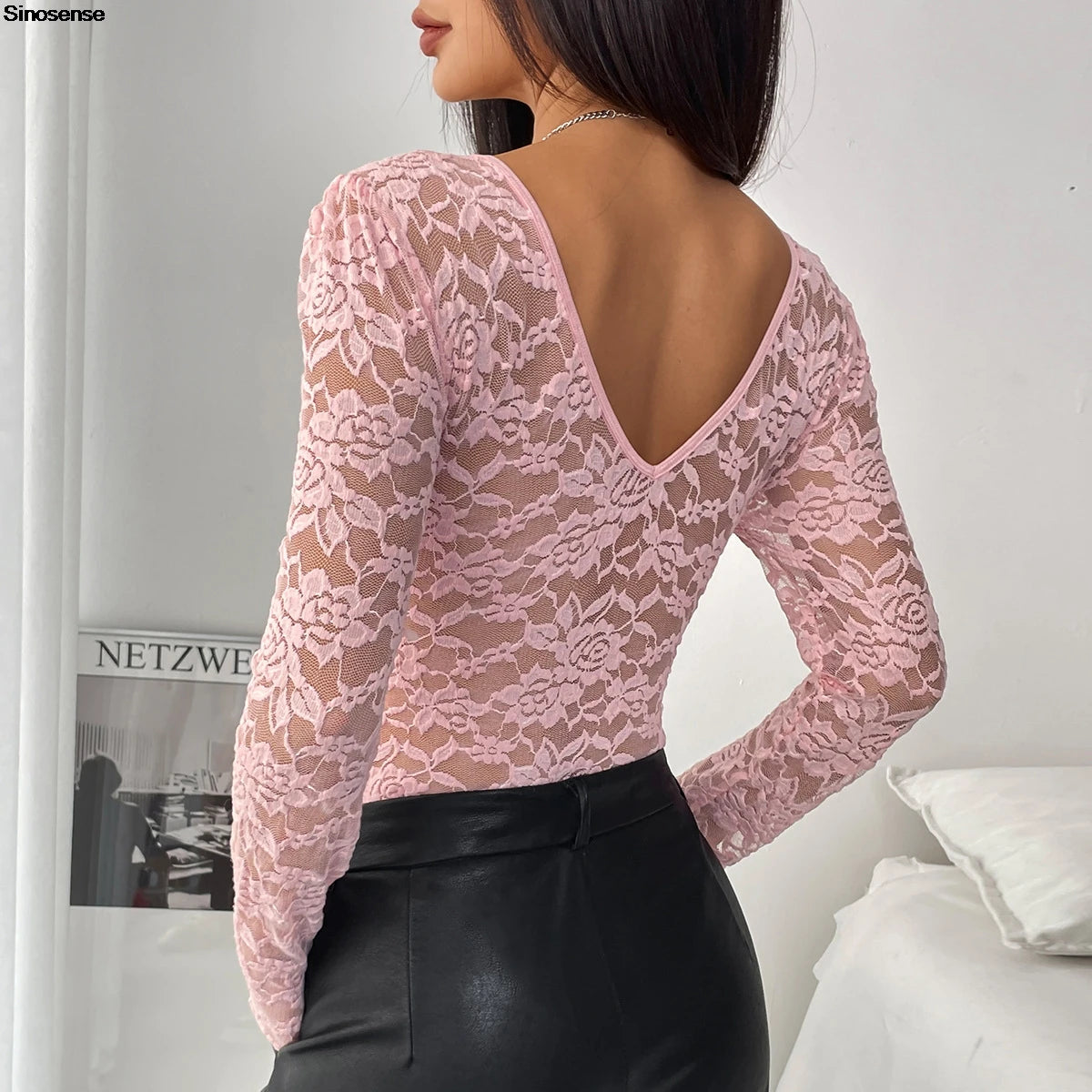 Women Floral Lace Scallop Trim Teddy Bodysuit Long Sleeve V Neck Slimming Body Shaper Sexy Night Club Party Leotards Tops