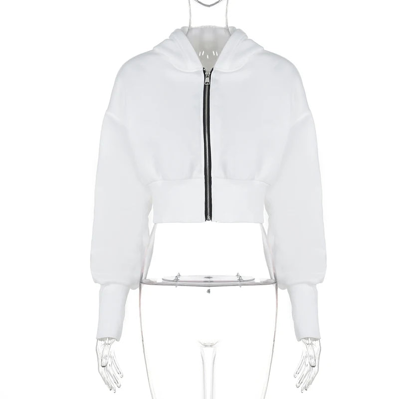 Cropped Zip Up Hoodies Women Hooded Zipper Jacket Streetwear Women's Fleece Sweatshirt White Black