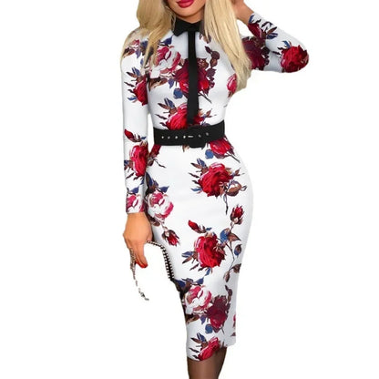 Office Lady Vintage Print Long Sleeve Belt Slim Bodycon Dress Women Summer New Elegant Fashion Commute Dresses