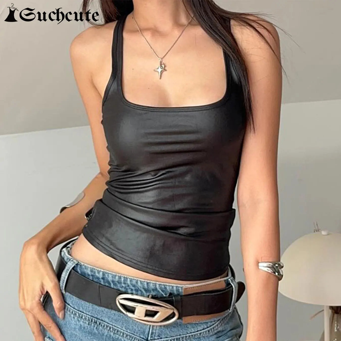 Black Top Vintage PU Leather Square Neck Vest Sleeveless Slim Clothes