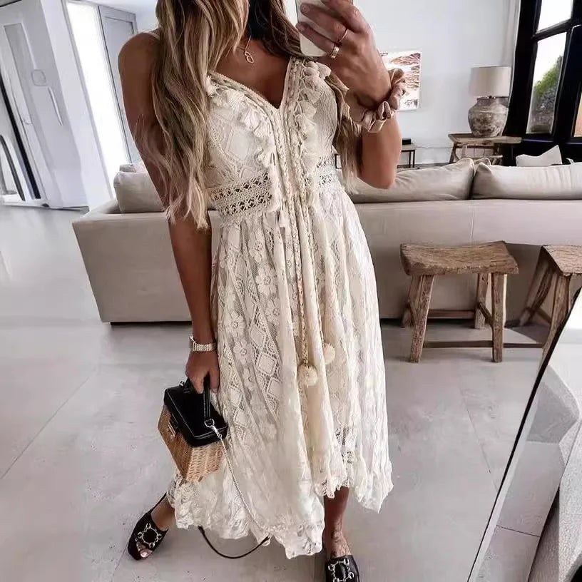 Elegant Dress 2024 Summer New V-neck Lace Hanging Strap Large Swing Solid Color Long Dress For Evening Party