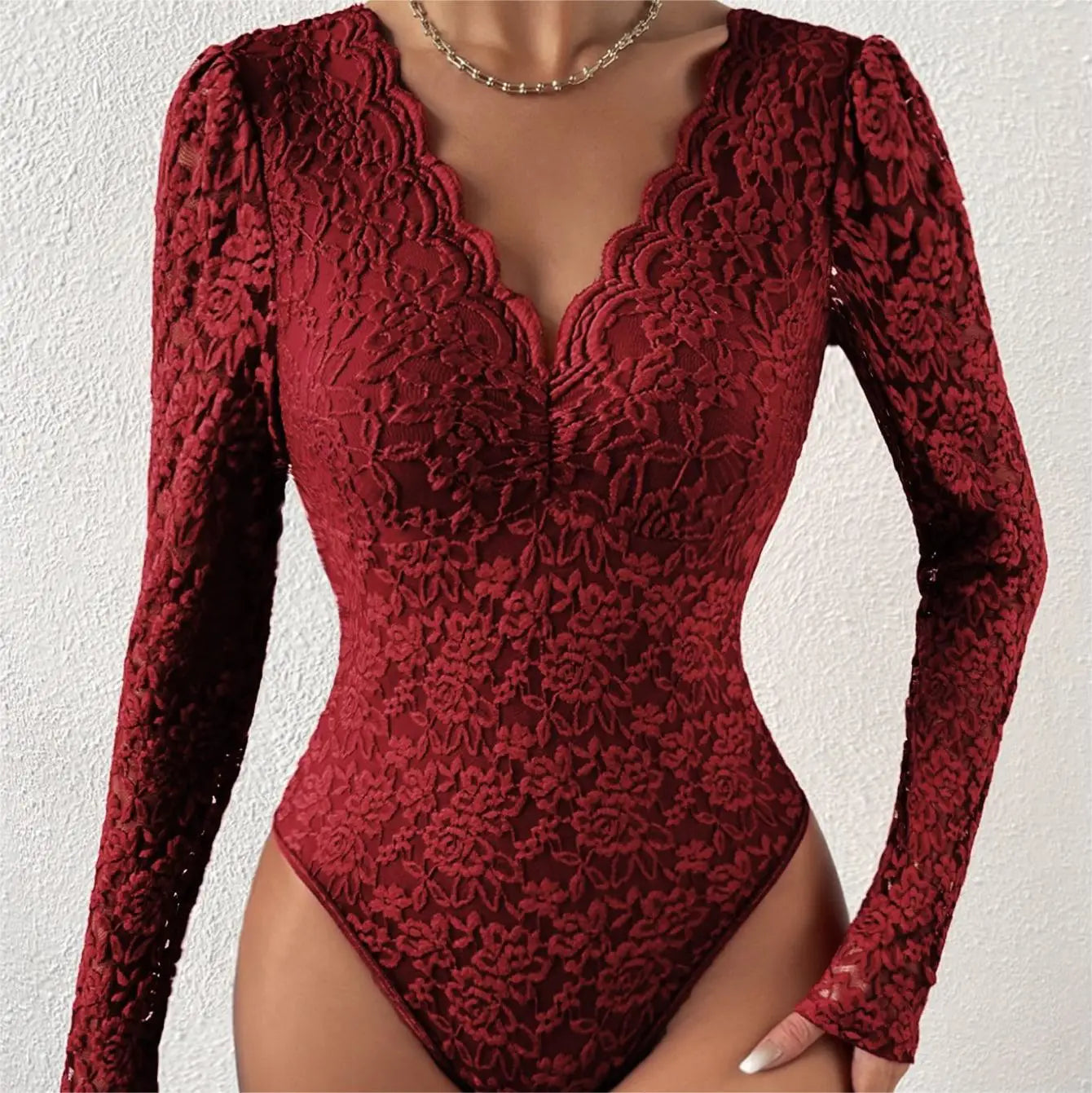 Women Floral Lace Scallop Trim Teddy Bodysuit Long Sleeve V Neck Slimming Body Shaper Sexy Night Club Party Leotards Tops