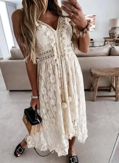 Elegant Dress 2024 Summer New V-neck Lace Hanging Strap Large Swing Solid Color Long Dress For Evening Party