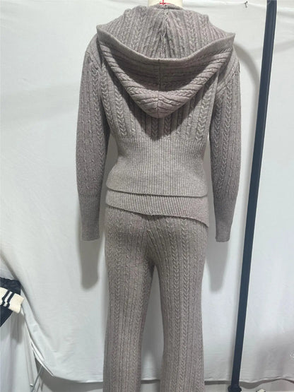 Fashion casual suit Autumn/Winter 2024 new elegant knitting cardigan Fried Dough Twists hooded coat trousers two-piece set