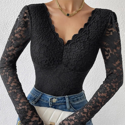 Women Floral Lace Scallop Trim Teddy Bodysuit Long Sleeve V Neck Slimming Body Shaper Sexy Night Club Party Leotards Tops