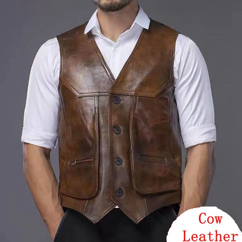 Large piece of Genuine Leather Men's Fit Real Cowhide Leather Waistcoat Vest sleeveless jacket