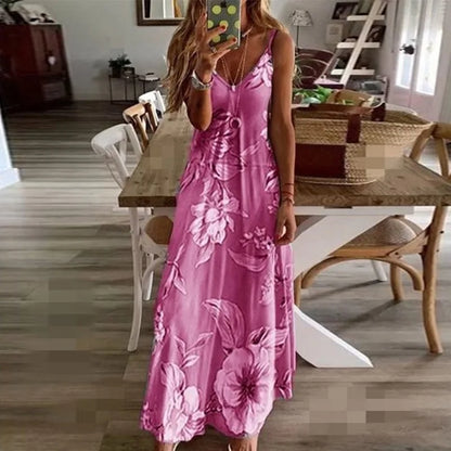 Women Green Floral Print V-Neck Long Dresses Casual Bohemian Sleeveless Women Beach Party Dress