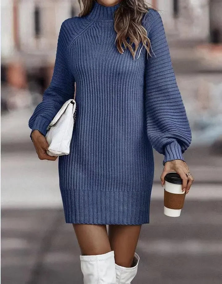 High Collar Long Sleeve Knitted Sweater Dress, Casual Dresses, Monochromatic, New Fashion, Autumn and Winter