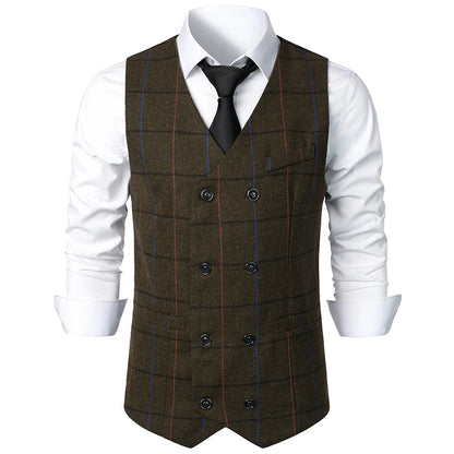 New Suit Vests Men Vintage Double Breasted Smart Casual Waistcoat Mens Sleeveless Formal Wedding Slim V Neck Suit Vest