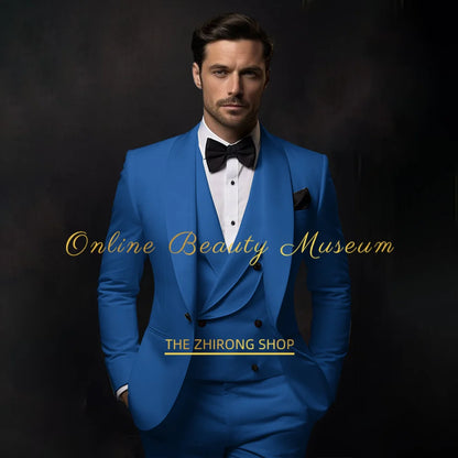 Elegant lake blue Tuxedo Suit for Men 3 piece set Jacket Vest Pants Classic Attire for Wedding Dating Host Prom Ball Party