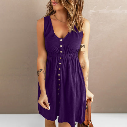 Summer New Arrival Niche Style Front Row Buttons Sleeveless Dress